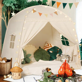 Sumbababy Large Teepee Tent with star lights in cream creates cozy bedtime ambience.