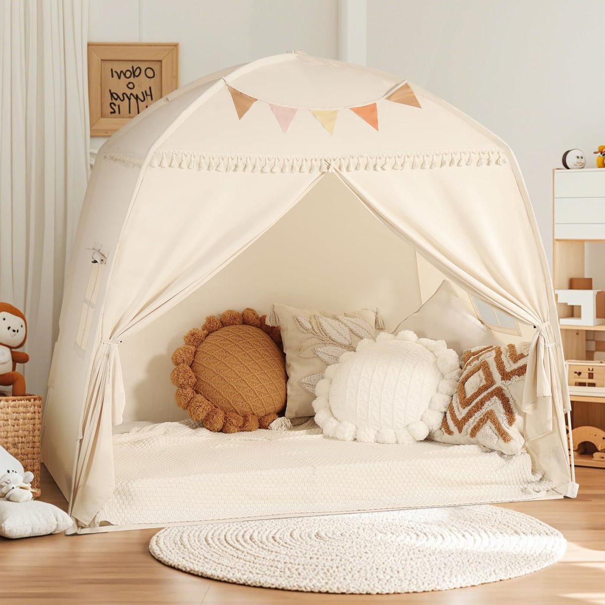 Sumbababy Large Teepee Tent sets up in minutes with two poles and no tools.