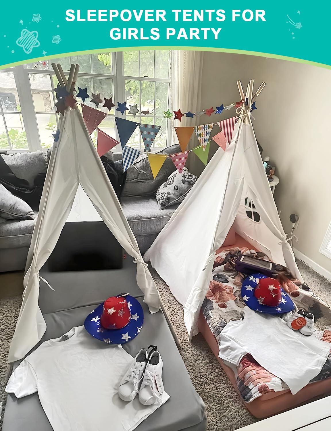 Sumbababy star lights illuminate the teepee for magical reading corners