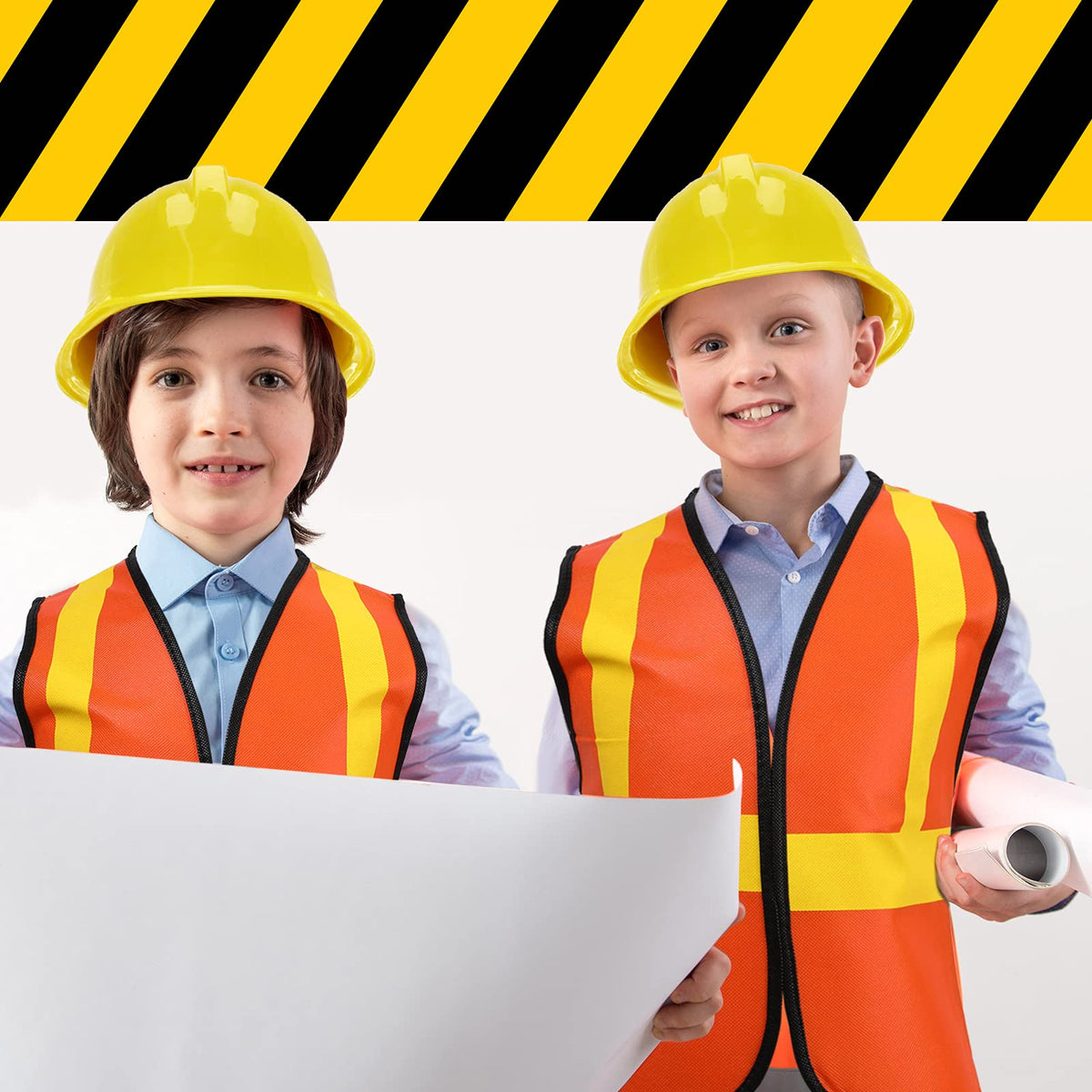 Sumind kid wearing the yellow helmet, durable plastic perfect for party dress-up activities.