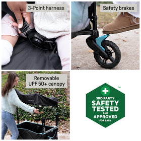 Summer Infant Pop 'N Ride shows two seats with secure harnesses for siblings.