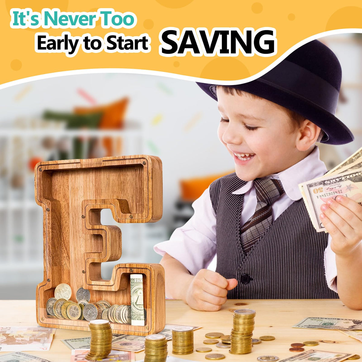 SummiDate alphabet E money bank with clear window to track progress