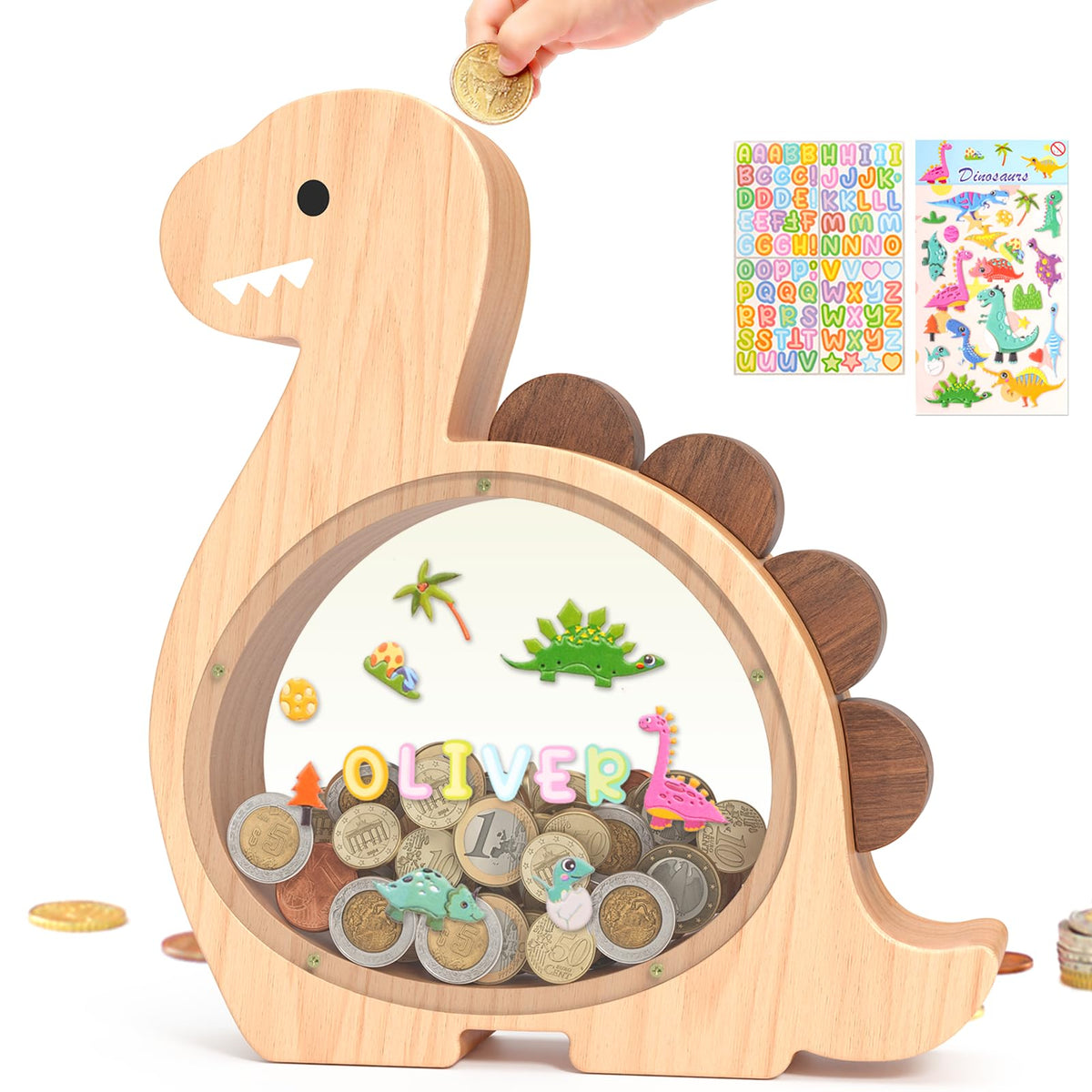 Summidate brachiosaurus wooden piggy bank for kids, durable and playful