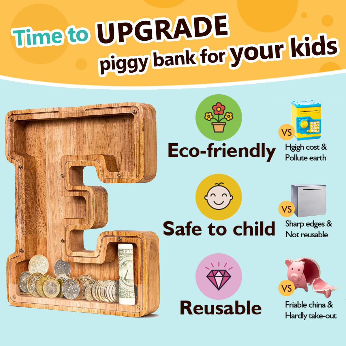 SummiDate clear acrylic panel displaying savings growth inside the wooden bank
