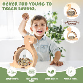 Summidate dino piggy bank with clear window shows savings progress