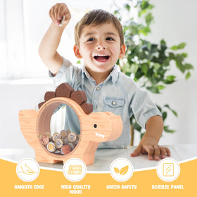 Summidate dinosaur piggy bank with clear savings window for progress tracking.
