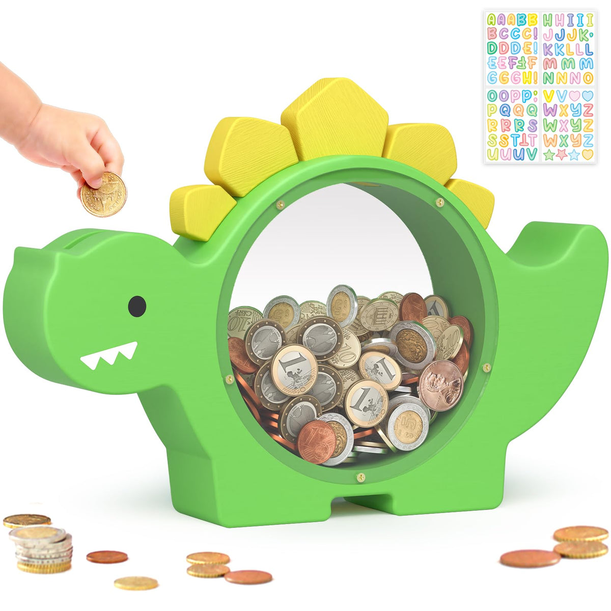 Summidate dinosaur piggy bank green front view highlights playful design for saving coins