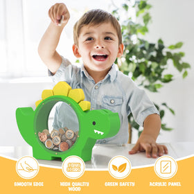 Summidate dinosaur piggy bank hidden coin slot emphasizes surprise and easy money access