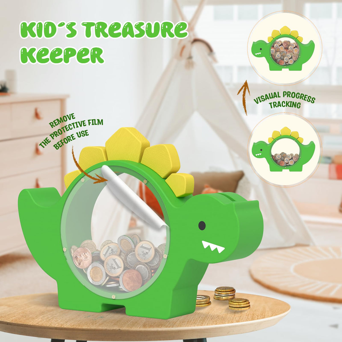 Summidate dinosaur piggy bank green personalization option enables name engraving on front