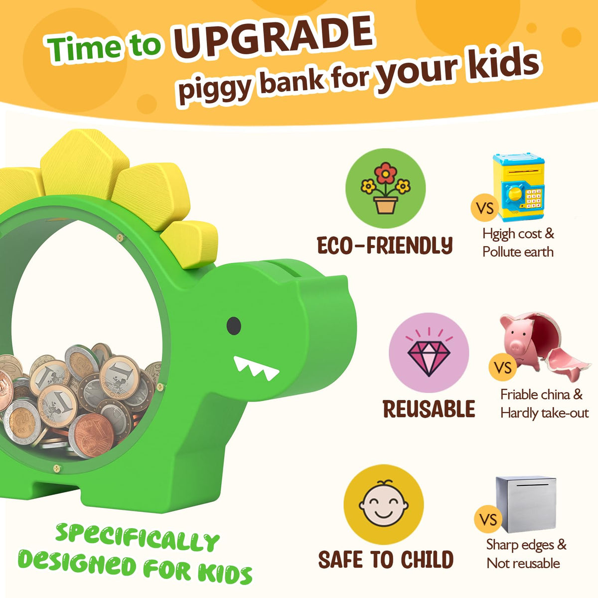 Summidate dinosaur piggy bank green rear view features personalization options