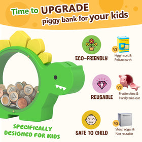 Summidate dinosaur piggy bank green rear view features personalization options