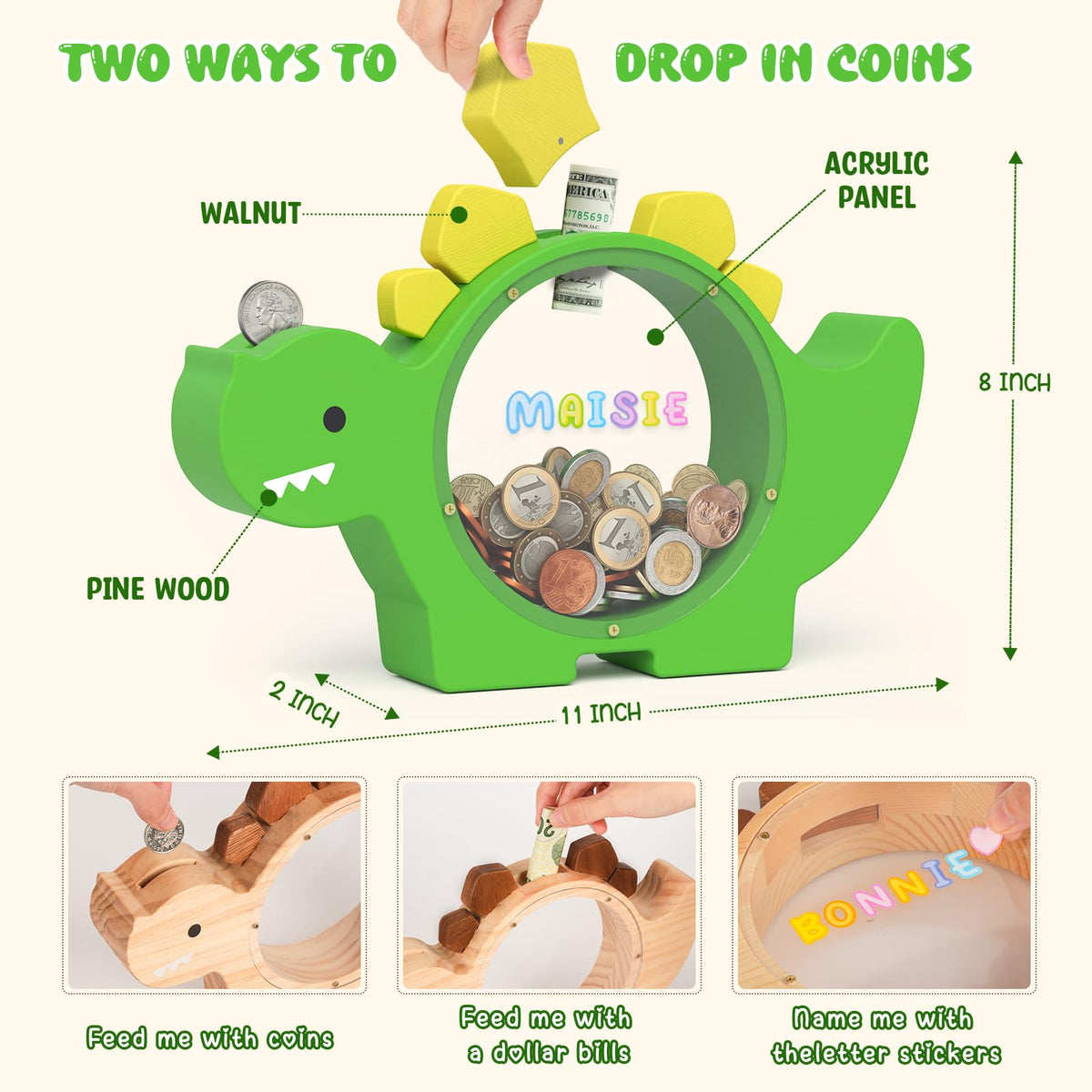 Summidate dinosaur piggy bank green side view shows smooth edges for safe play
