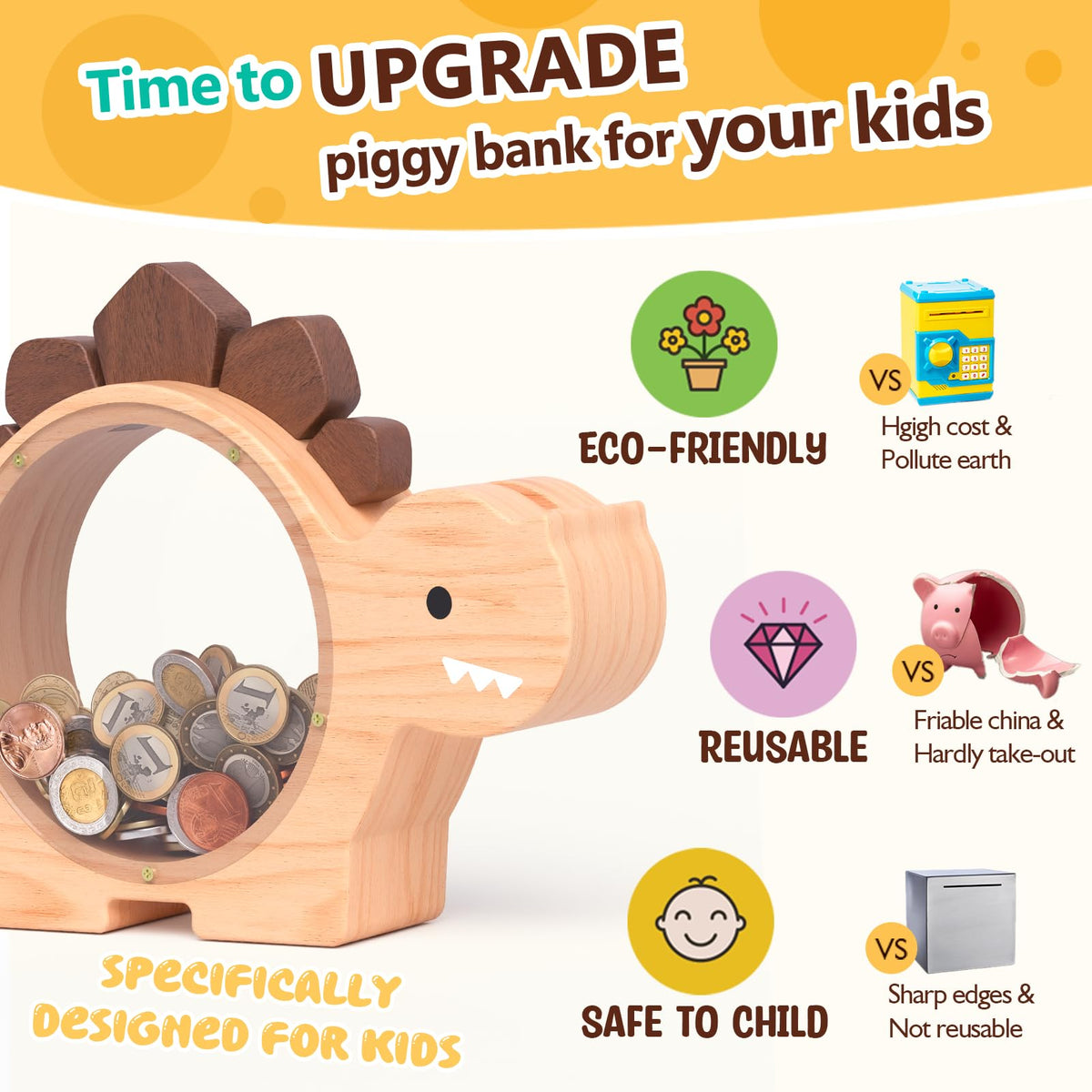 Summidate dinosaur piggy bank with hidden bill slot under spike, playful surprise.