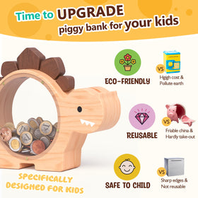 Summidate dinosaur piggy bank with hidden bill slot under spike, playful surprise.