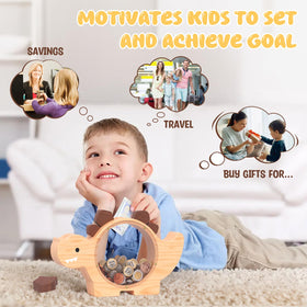 Summidate natural wood finish piggy bank, smooth surfaces for little hands.