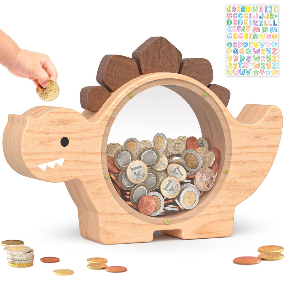 Summidate wooden dinosaur piggy bank, front view, friendly design encourages early saving.