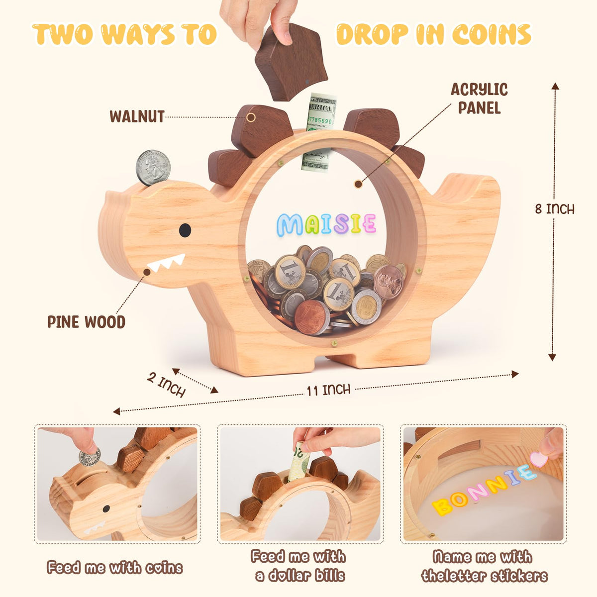 Summidate wooden dinosaur piggy bank, side view, durable safe kids money box.