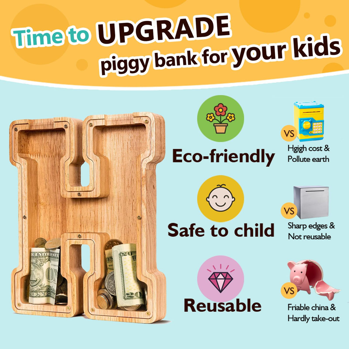 SummiDate H-letter piggy bank coin slot accessible for deposits.