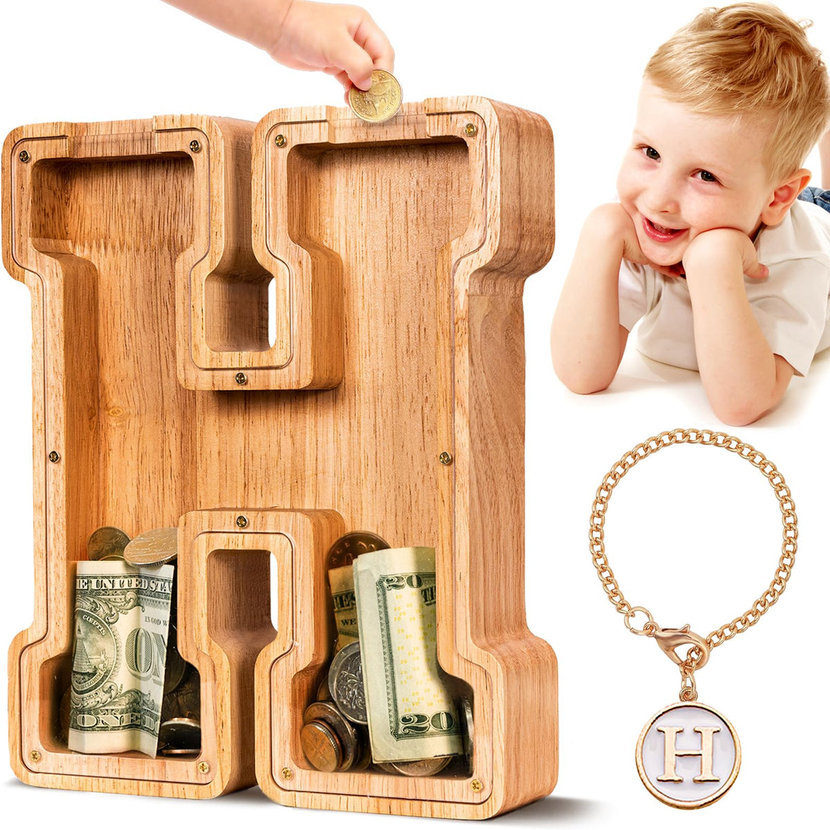 SummiDate H-letter wooden piggy bank front view with initials and visible coins.