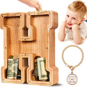 SummiDate H-letter wooden piggy bank front view with initials and visible coins.