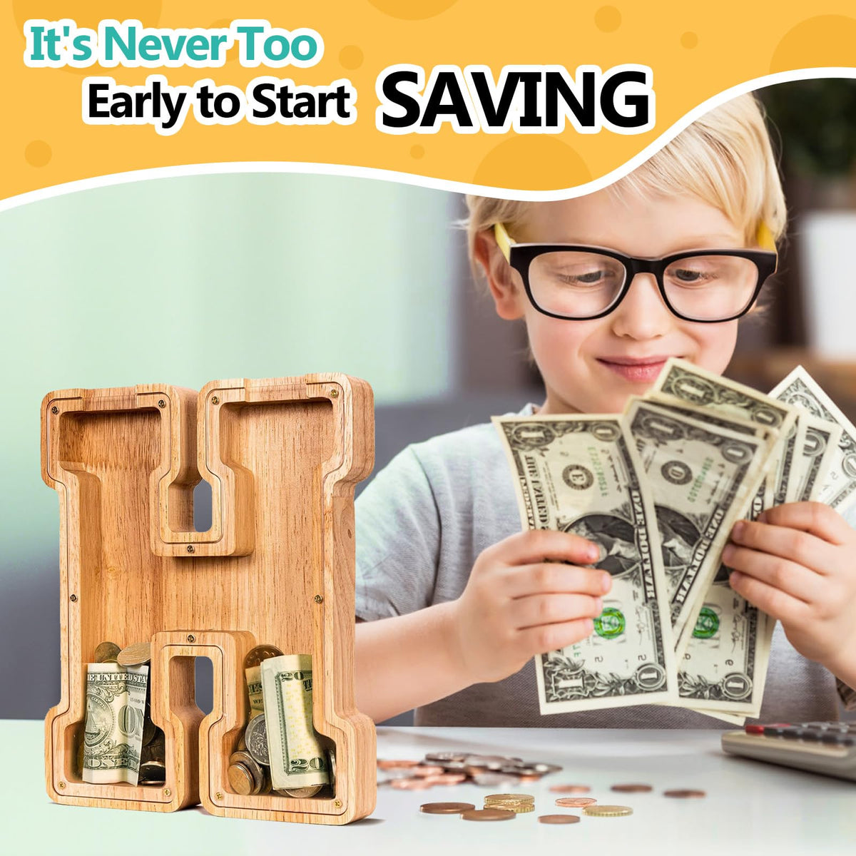 SummiDate H-letter piggy bank with acrylic cover for clear coin view.