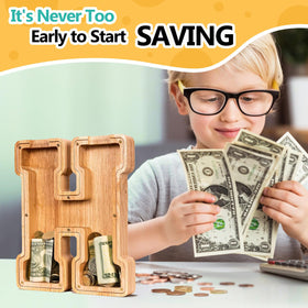 SummiDate H-letter piggy bank with acrylic cover for clear coin view.