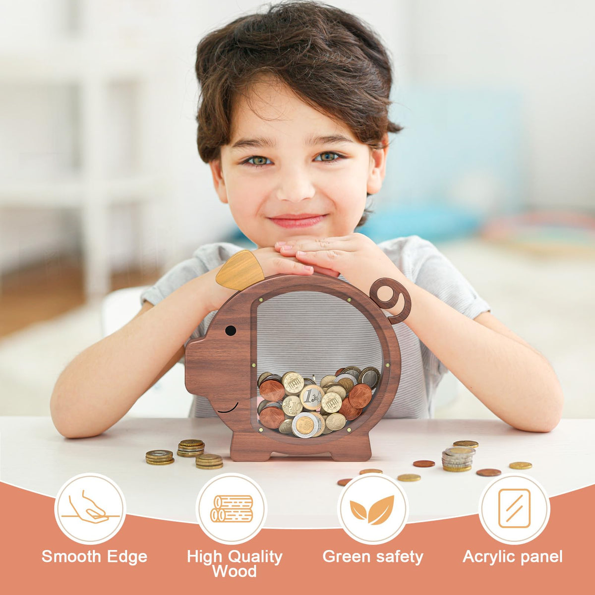 Summidate large wooden piggy bank showcases sturdy construction