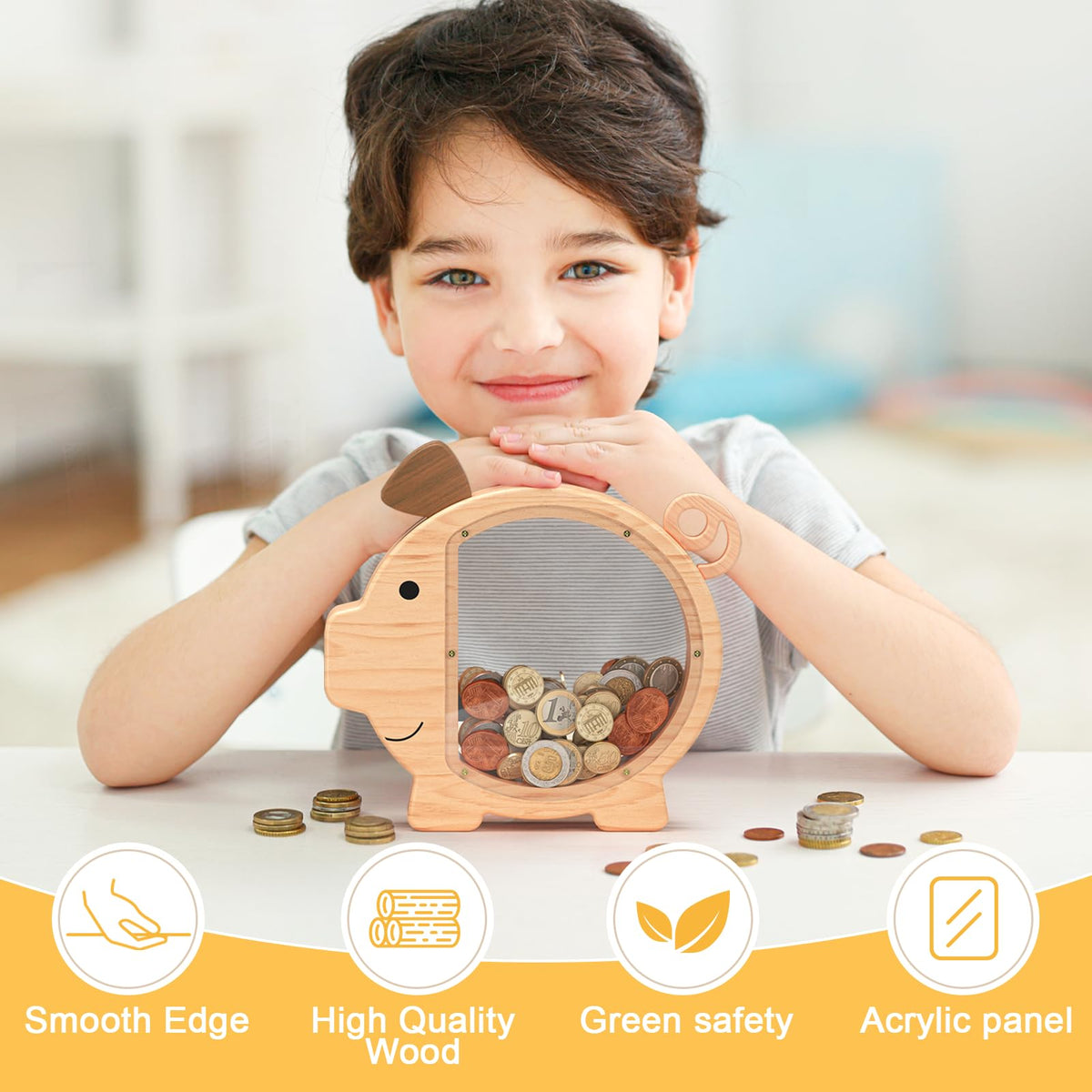 Summidate large wooden money box safe for ages 3 and up.