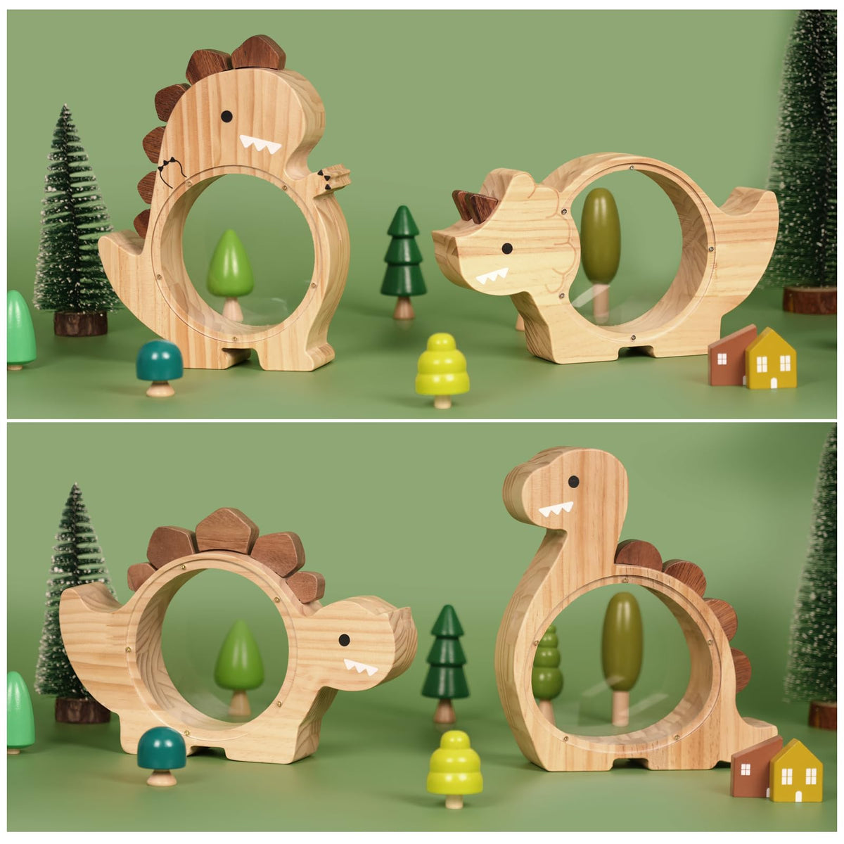Summidate natural wood dinosaur piggy bank with smooth, child-safe finish.