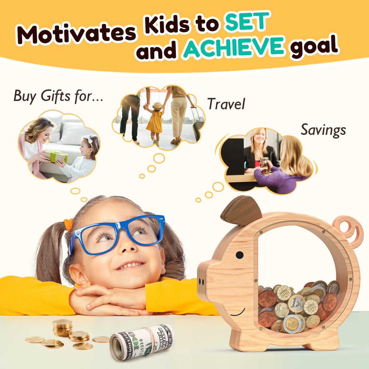 Summidate natural wood piggy bank with smooth burr-free edges.