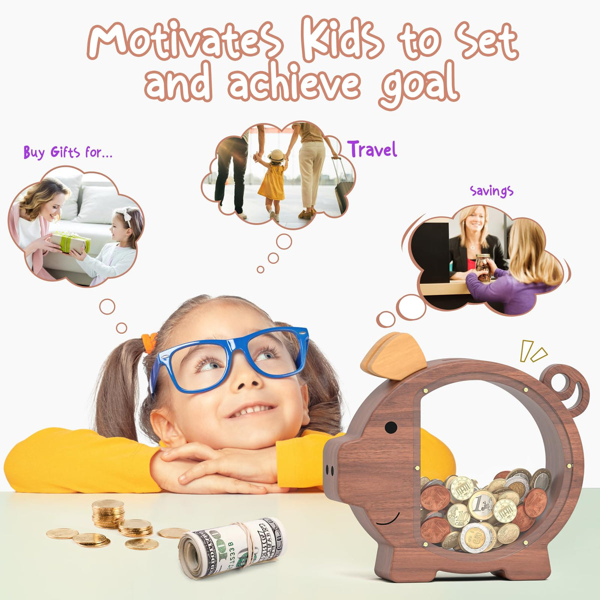 Summidate piggy bank features a clear window to show progress
