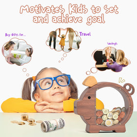 Summidate piggy bank features a clear window to show progress
