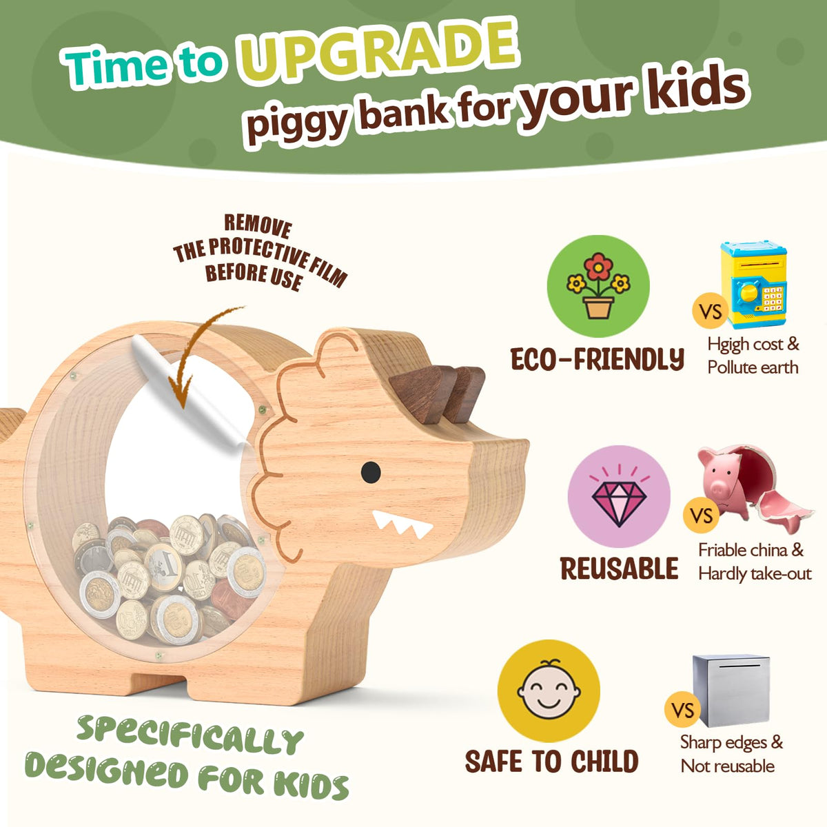 Summidate natural wood dinosaur bank with non-toxic finish and burr-free edges.