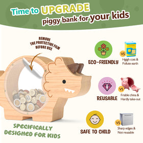 Summidate natural wood dinosaur bank with non-toxic finish and burr-free edges.