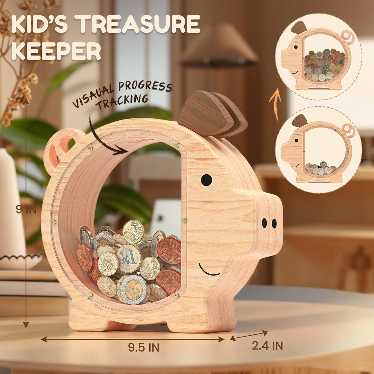 Summidate piggy bank featuring removable screws for coin retrieval.