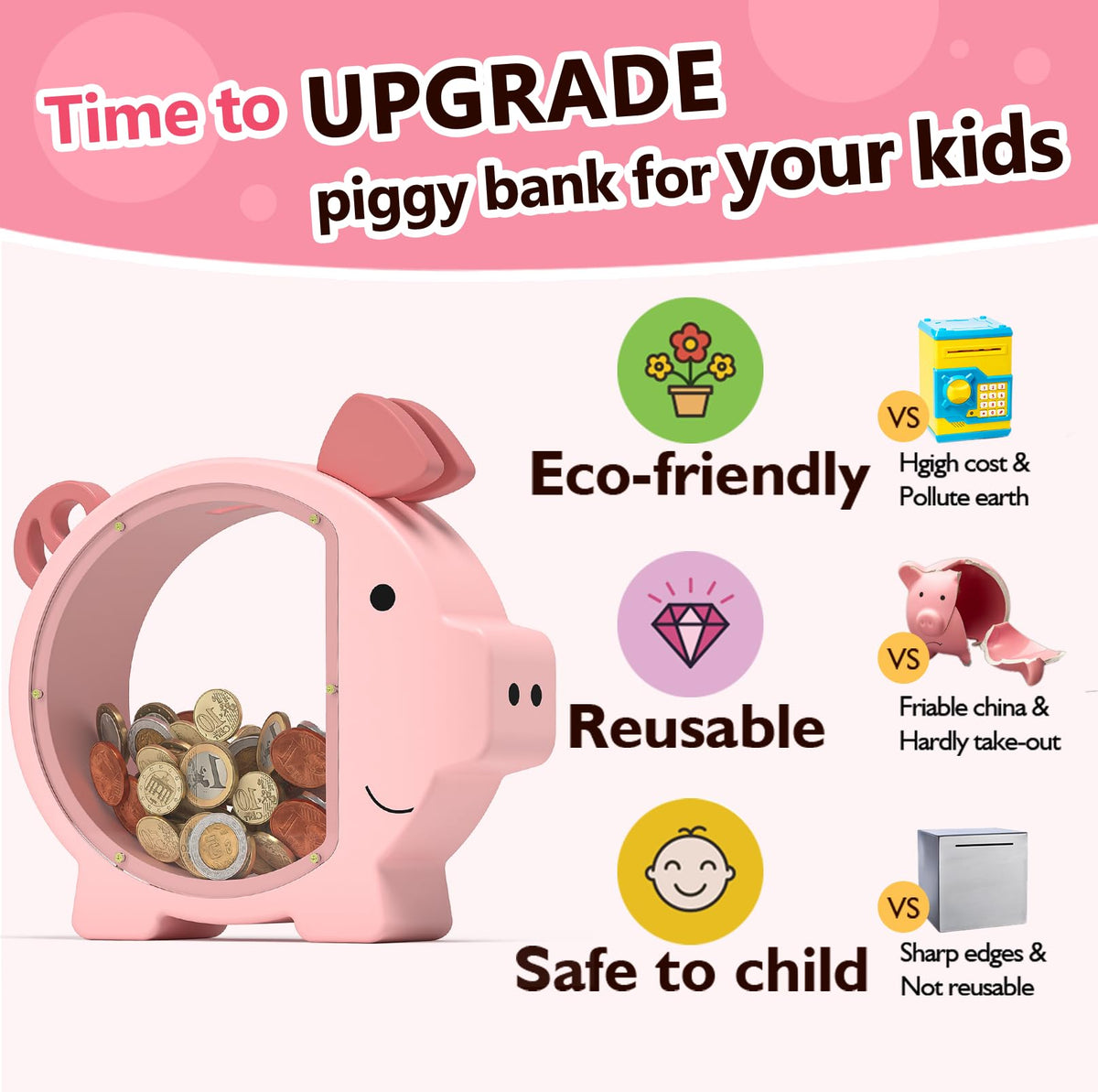 Summidate piggy bank with removable screws for easy money access