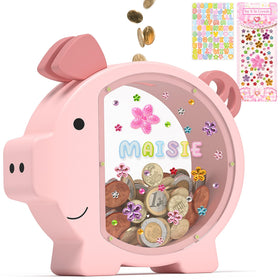 Summidate pink piggy bank with clear wood body for easy saving tracking
