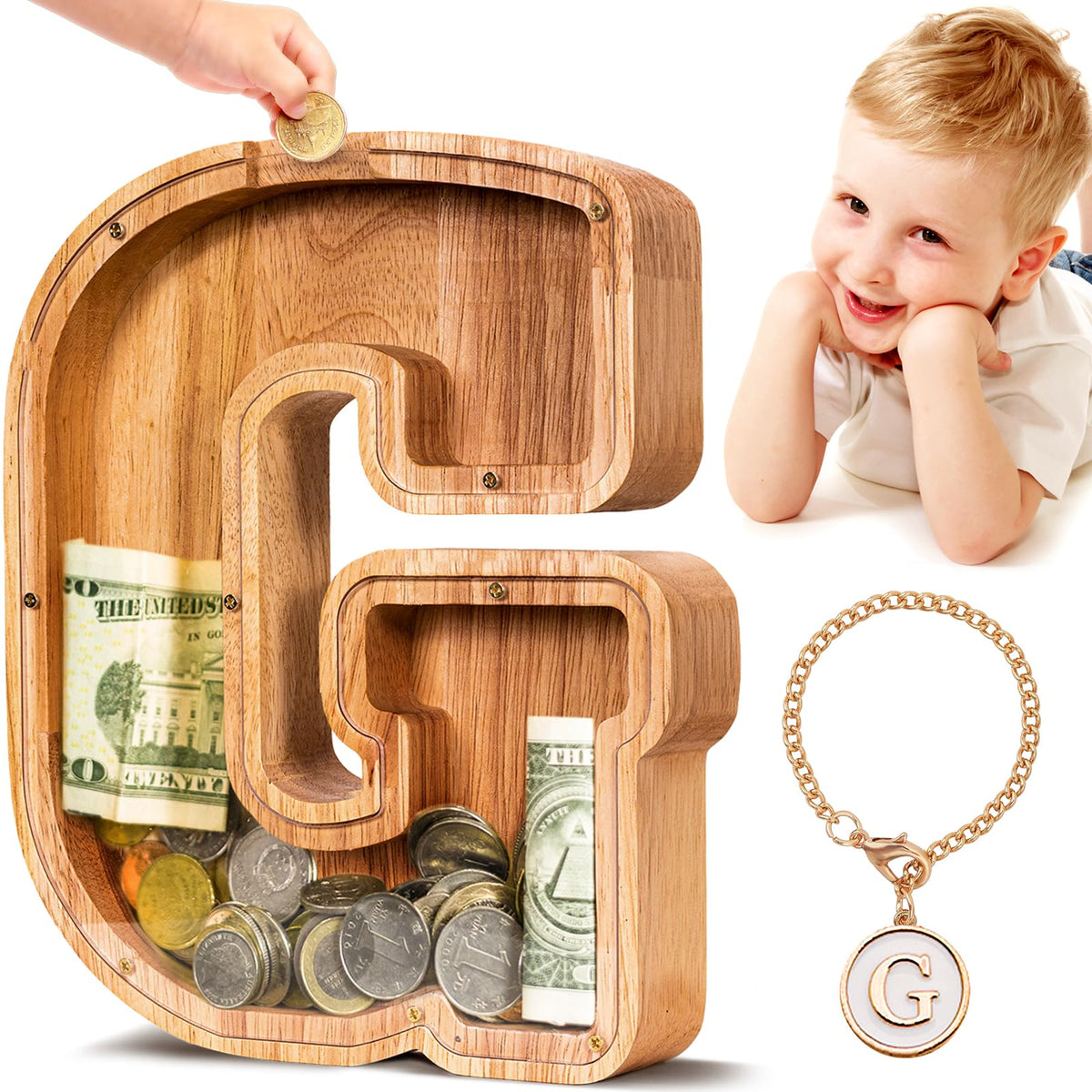 SummiDate wooden letter piggy bank front view encourages kids to save with alphabet design.