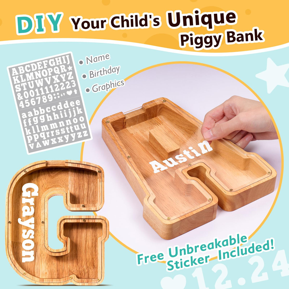 SummiDate piggy bank engraving full name on front cover creates a personalized keepsake.