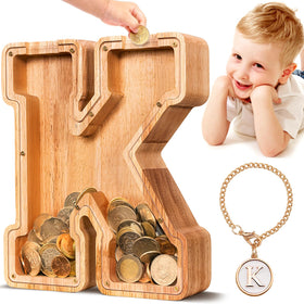 SummiDate wooden letter piggy bank with personalized name initial for kids.
