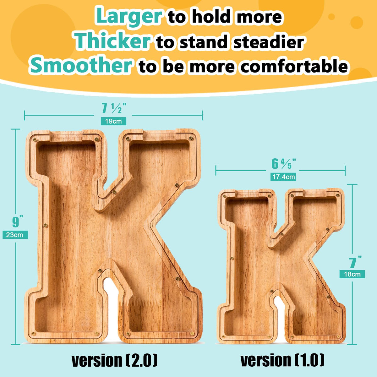 SummiDate wooden piggy bank with large letter design for easy recognition.