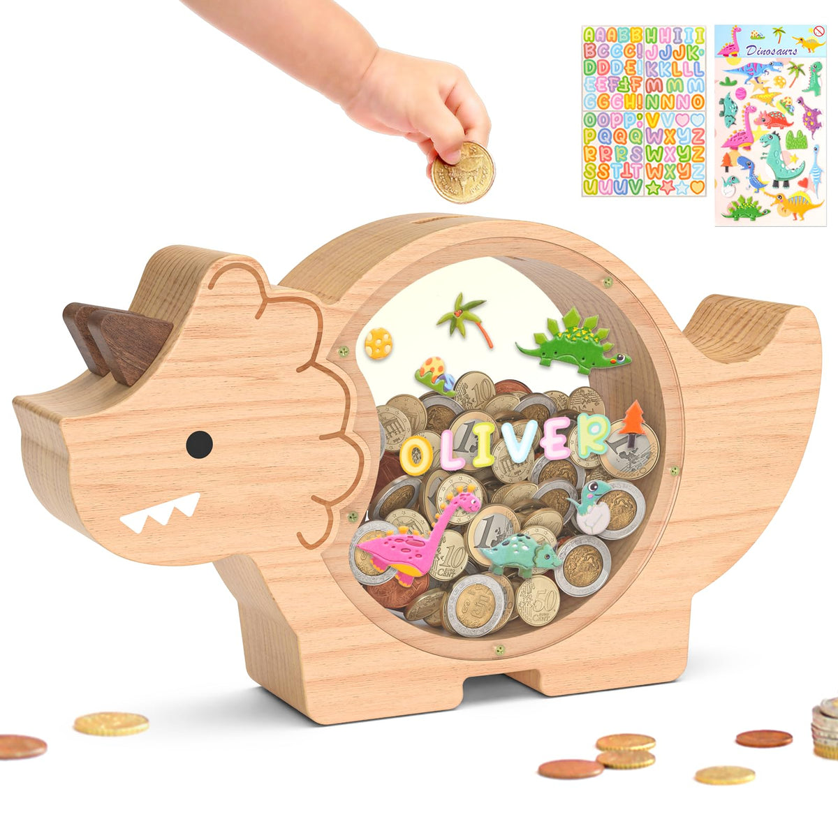 Summidate Triceratops piggy bank front view encourages kids to start saving with a playful dinosaur.