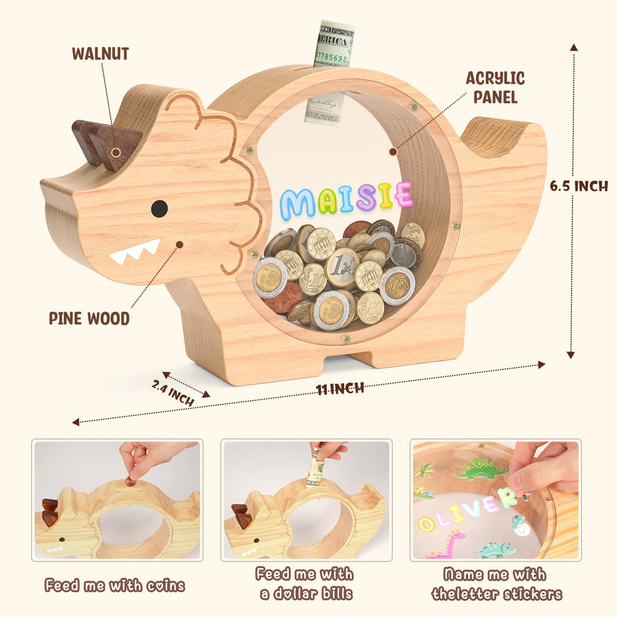 Summidate Triceratops piggy bank side view shows wooden texture and sturdy construction.