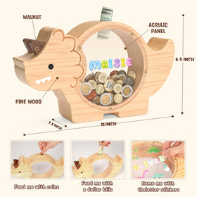 Summidate Triceratops piggy bank side view shows wooden texture and sturdy construction.