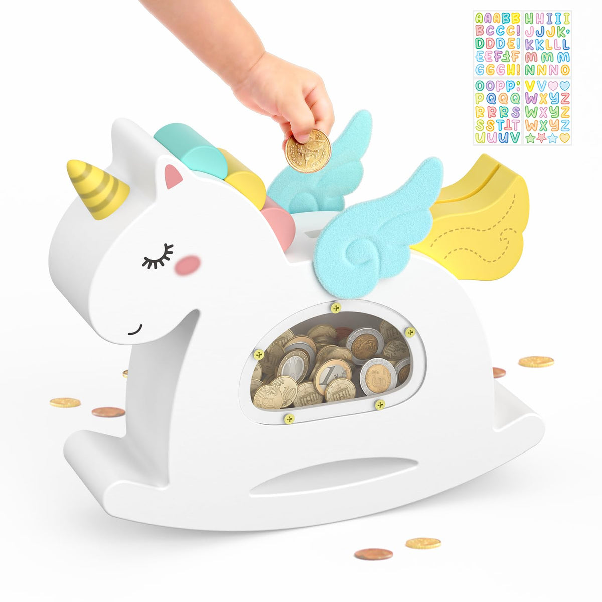 Summidate unicorn wooden piggy bank with sturdy build for kid-friendly savings.