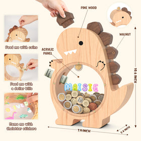 Summidate dino piggy bank showing a clear window to observe savings growth.