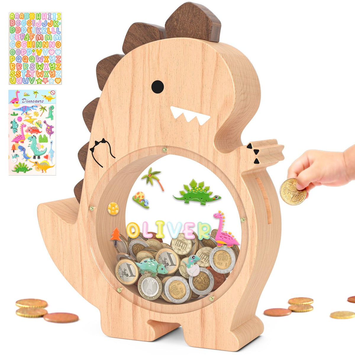 Summidate wooden dinosaur piggy bank front view with friendly design and durable build.