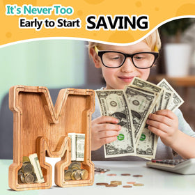 SummiDate wooden letter piggy bank shows engraving and customization on the front