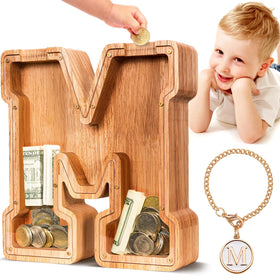 SummiDate wooden letter piggy bank front view, durable design for everyday savings