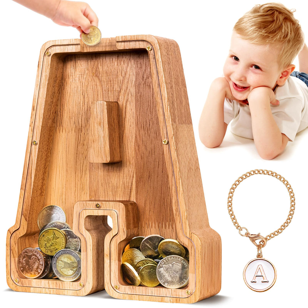 SummiDate wooden letter piggy bank front view encourages savings habits for kids